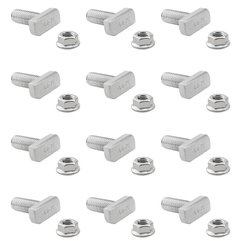 CHENJIN 12PCS Stainless Steel T-Bolts Stud Slide Screws with 12 Hexagonal Flange Nuts M8x20mm Silver Square Head Screws for Photovoltaic Slots for Assembling Furniture Mounting Speakers Casters - Image 1